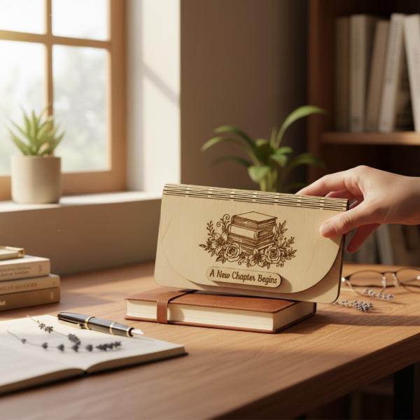 Holz-Umschlag aus hellem Birkensperrholz mit gelaserter Gravur A New Chapter Begins. Der Umschlag liegt dekorativ arrangiert, die natürliche Maserung und feinen Lasercut‑Details sind gut sichtbar. Ideal als Geschenkverpackung für Geld oder Gutscheine zu S